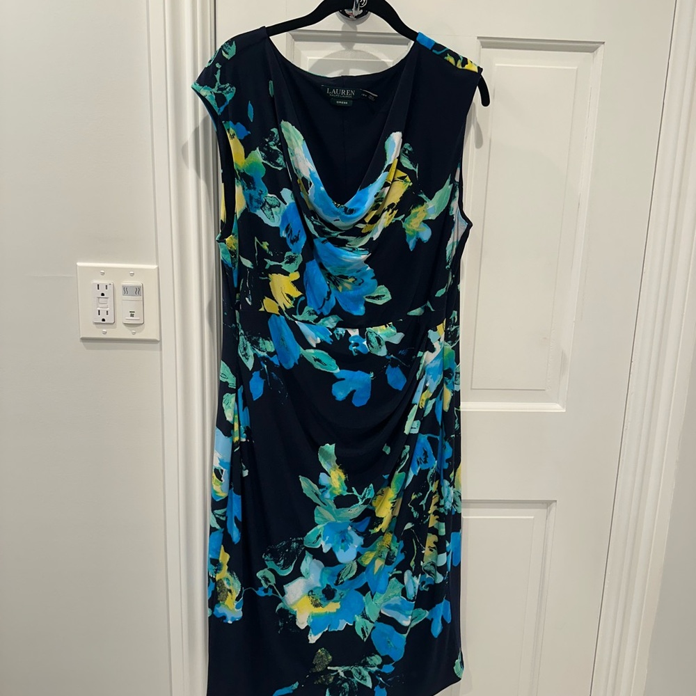 Ralph Lauren Blue and Yellow Sheath Dress Cowl Neck Midi